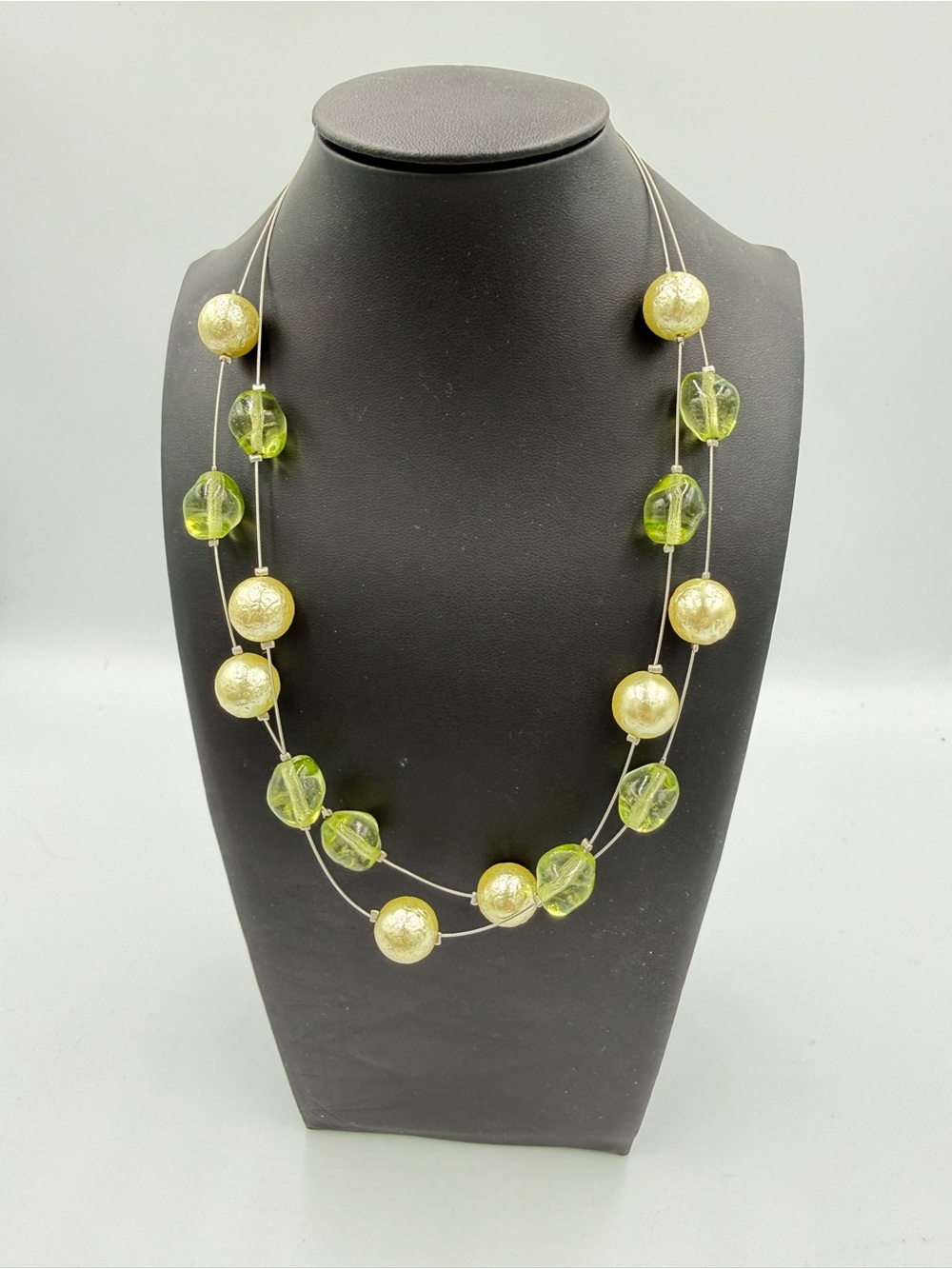 Double Strand Gold and Lime Green Bead Necklace for Women